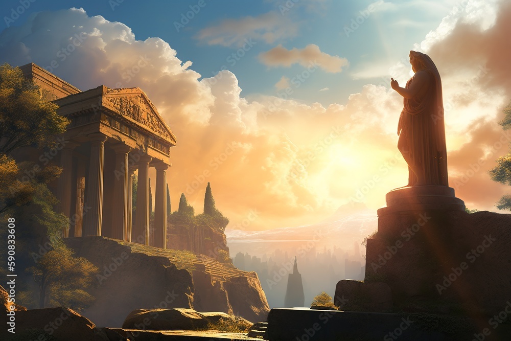 Enchanting illustration of Ancient Greek temple, overshadowed
