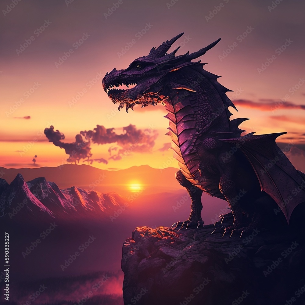 Creative Illustration and Innovative Art: Dragon sitting on a ledge in the sunset