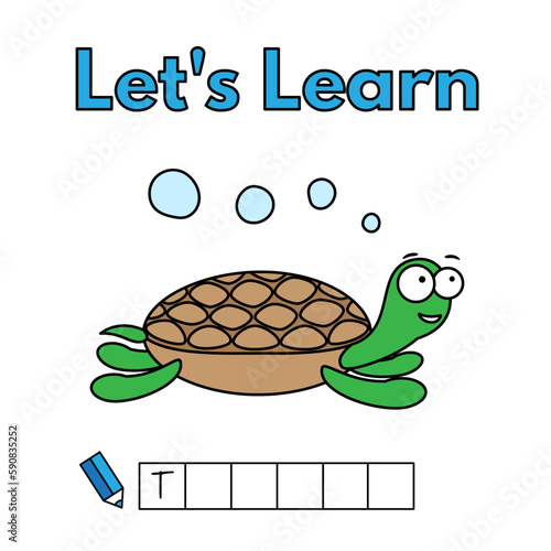 Cartoon sea turtle learning game for small children - write the word. Vector illustration for kids