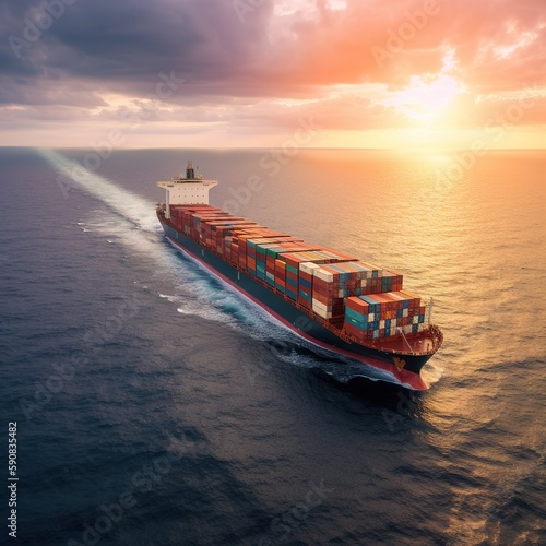 Container cargo freight ship at sunset. generative ai