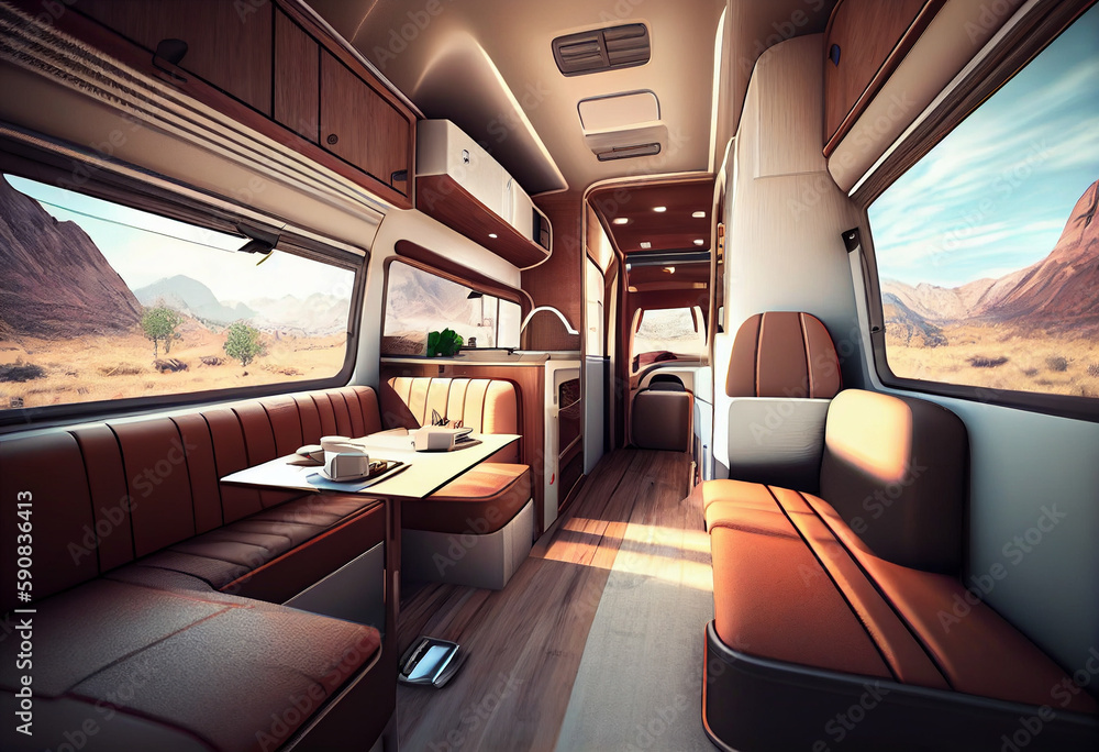 mobile home interior. Auto house inside. Living room and dining room. Dinner table mobile home interior. Auto house inside. Living room and dining room. Dinner table