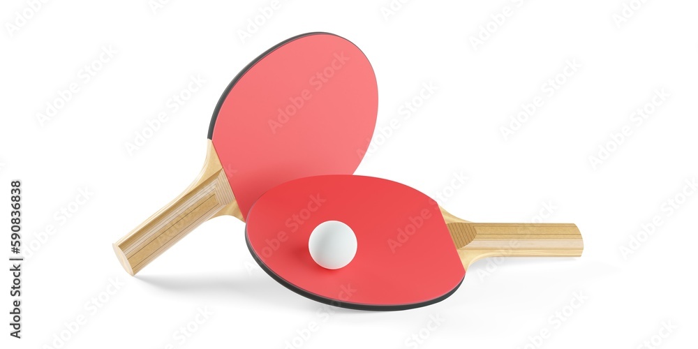 Two red table tennis or ping pong paddle or racket with table tennis ball standing on white background, sports or activity concept Two red table tennis or ping pong paddle or racket with table tennis ball standing on white background, sports or activity concept