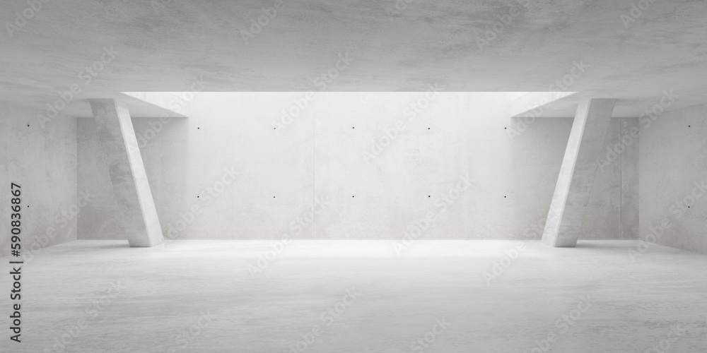 Fototapeta premium Abstract large, empty, modern concrete room with large ceiling opening in the back, sloped thin pillars left and right and rough floor - industrial interior background template