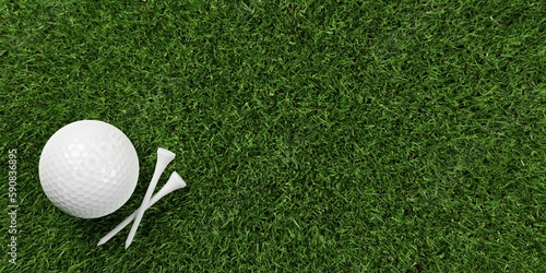 Single white golf ball with two white tees on green grass background with copy space top view from above