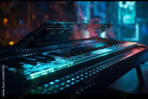 Piano Keyboard with neon lights illumination. Cyberpunk musical concept of piano background.