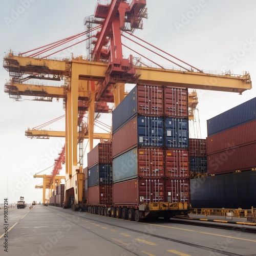 Containers are loaded with cargo freight in a logistical organization for import and export trade as boxes are stacked in the yard by a container stacker crane. generative ai