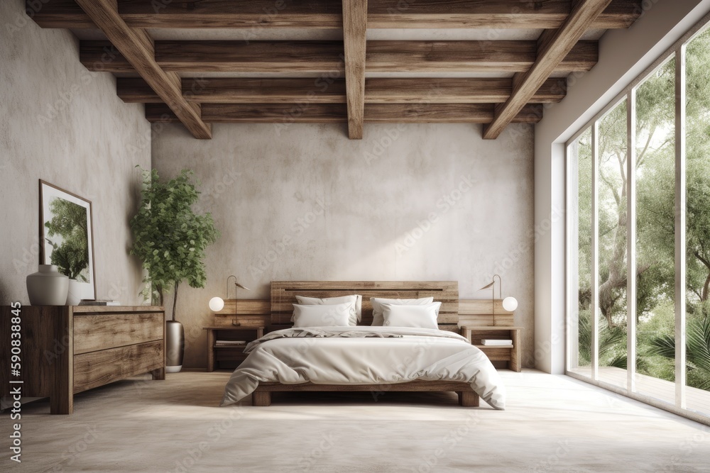 Limewash Plaster Wall Interior of Modern Primary Bedroom Interior with