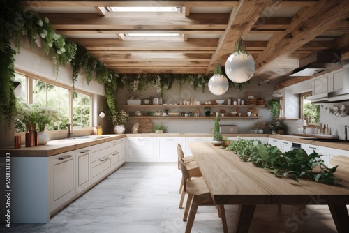 Beautiful Kitchen Interior with Dining Table and Skylights Staged with Hanging Ferns Made with Generative AI