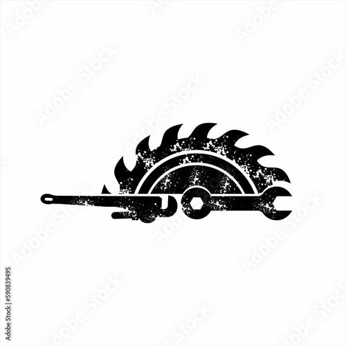 Saw blade logo design with wrench and spanner.