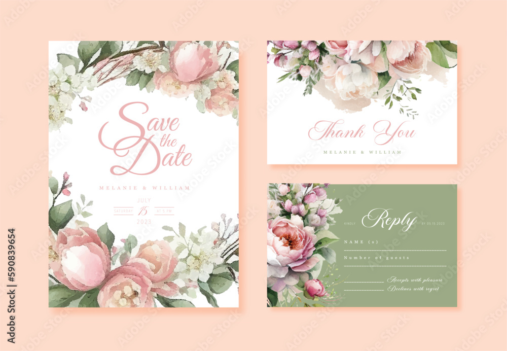Wedding vector floral invite invitation thank you, rsvp card watercolor design set: garden flower pink peach Rose