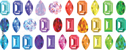 Set of gemstones with bright highlights in different rainbow colors isolated on white background