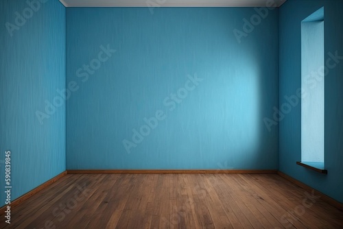 an empty room with blue walls and wooden flooring. Generative AI © 2rogan