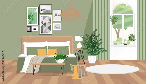 Bedroom interior in gray green tones with a ficus and pictures on a white wall