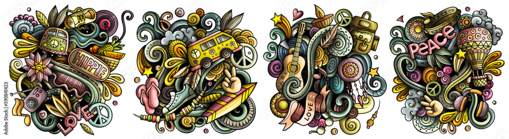 Hippie cartoon vector doodle designs set.