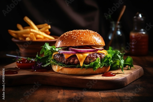 Illustration of a hamburger with French fries side on a wooden plate with vegetables and beef patty 