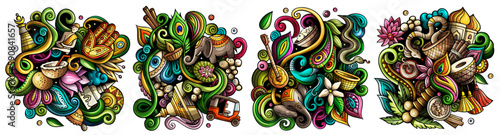 India cartoon vector doodle designs set.