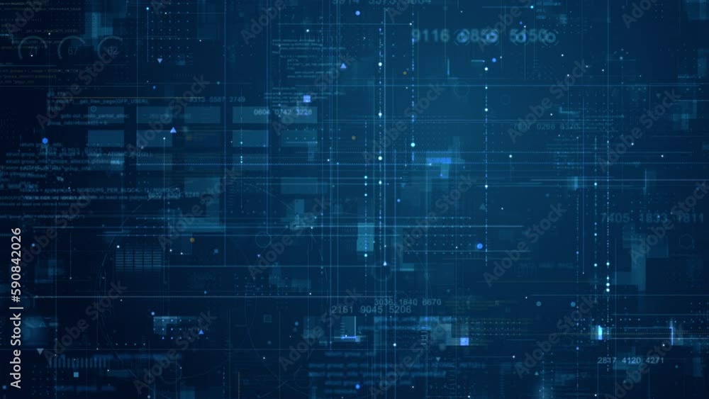 Motion graphic of Blue data matrix simulation digital line and grid technology with futuristic HUD screen on ai abstract background concept