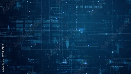 Motion graphic of Blue data matrix simulation digital line and grid technology with futuristic HUD screen on ai abstract background concept