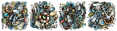 Nautical cartoon vector doodle designs set