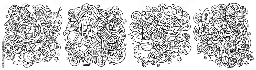Space cartoon vector doodle designs set.