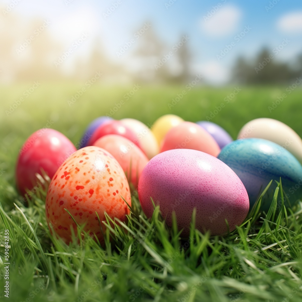 easter eggs celebrating a Happy Easter on a spring day. generative ai