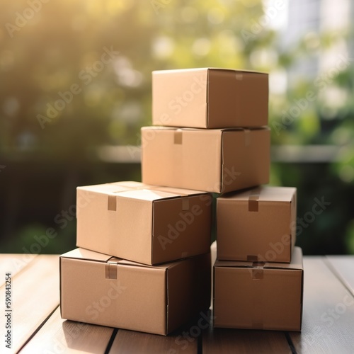 stack of cardboard boxes in warehouse, box stacking and container box with copy space. Logistic and shipping business service. generative ai © WS Studio 1985