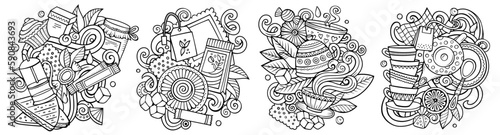 Tea cartoon vector doodle designs set.