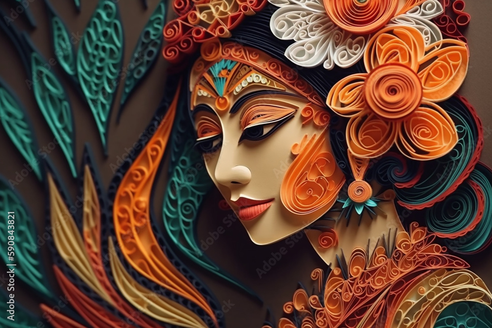Paper art of a Indian woman with red , and blue main colors 