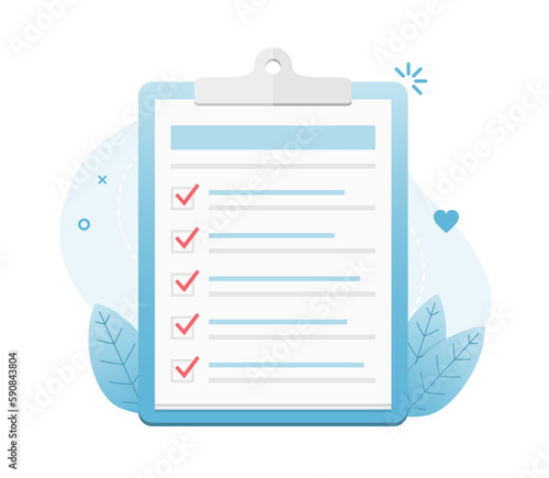 Check list on clipboard with five check boxes, vector eps10 illustration