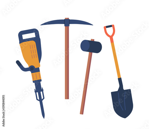 Coal Miner Equipment Such As Drilling Hammer, Sledgehammer Pickaxe and Shovel Isolated on White Background