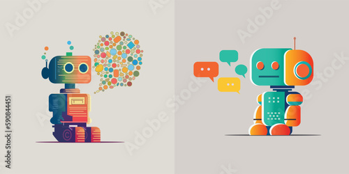 Abstract vector robots with a banner, sign, bubble