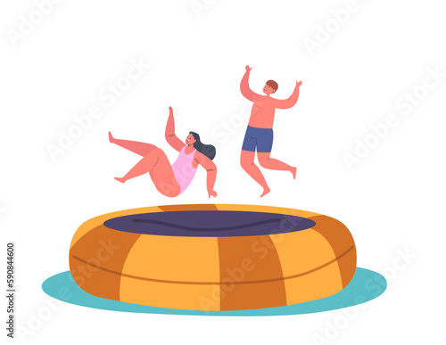 Little Boy And Girl Having Fun Jumping On Trampoline At Summer Vacation Or Weekend. Kids Joy, Childhood