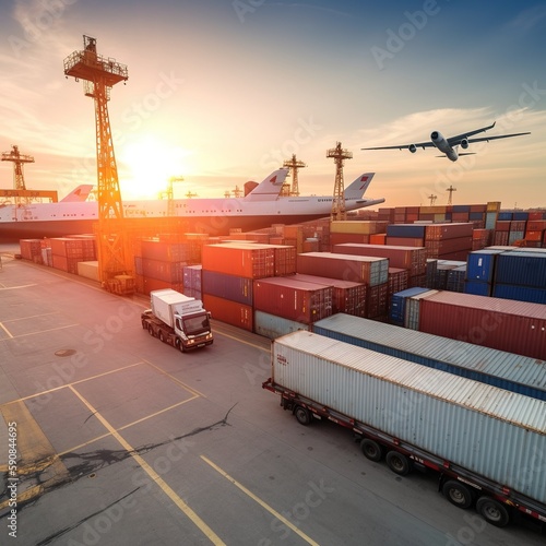 Logistics of international container cargo shipping and cargo plane in container yard, Freight transportation. generative ai