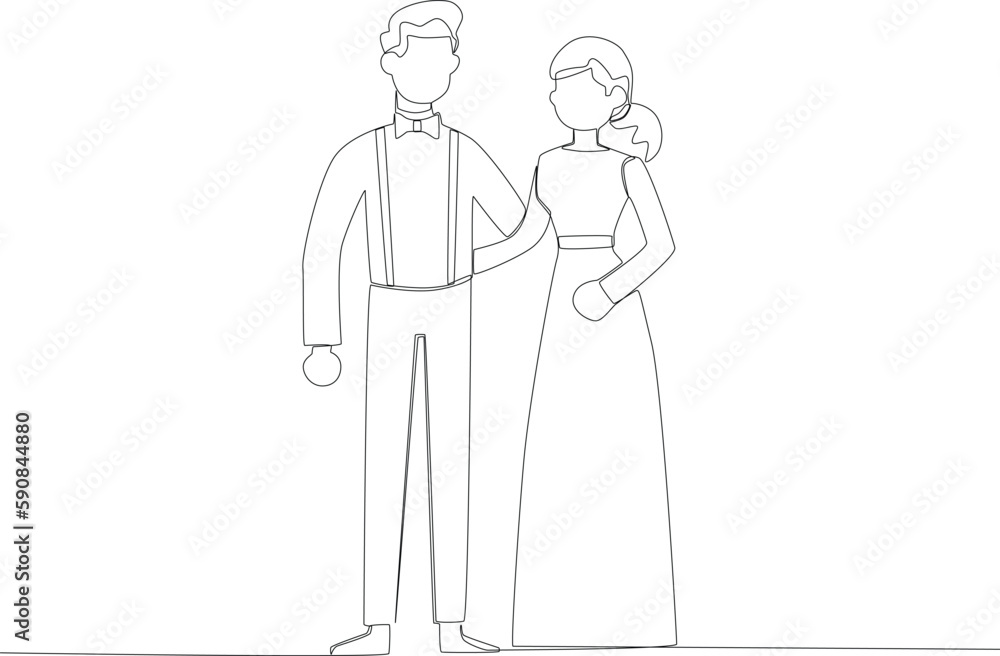 A couple celebrating their wedding. Wedding one-line drawing A couple celebrating their wedding. Wedding one-line drawing
