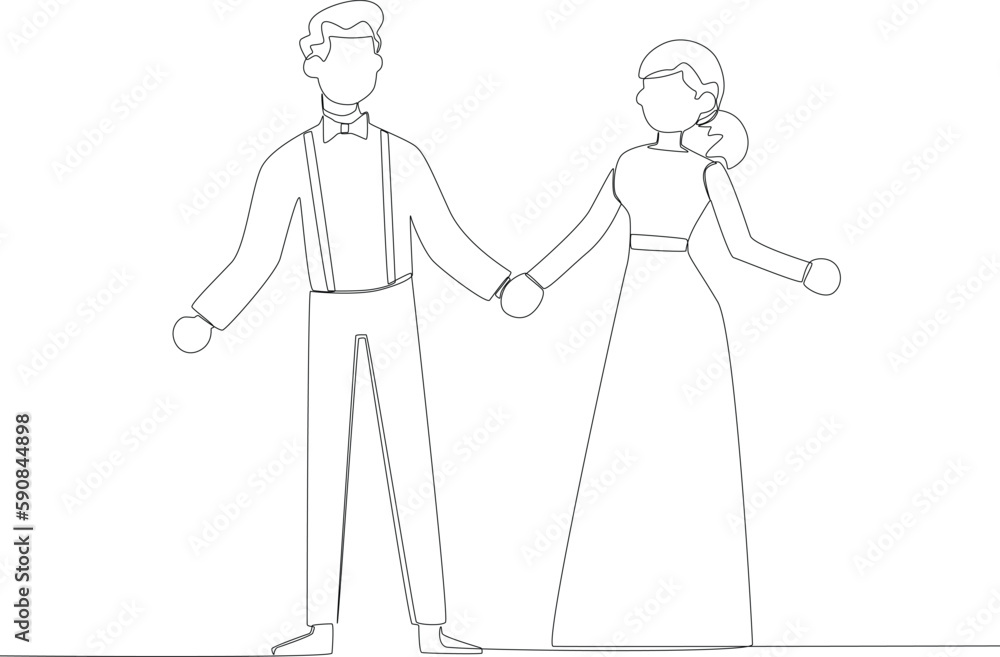 Happy couple on their wedding. Wedding one-line drawing Happy couple on their wedding. Wedding one-line drawing
