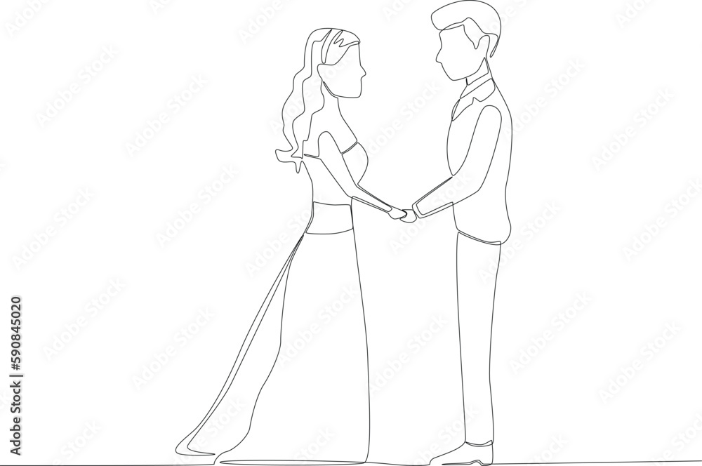 A pair and groom holding hands while looking at each other. Wedding one-line drawing