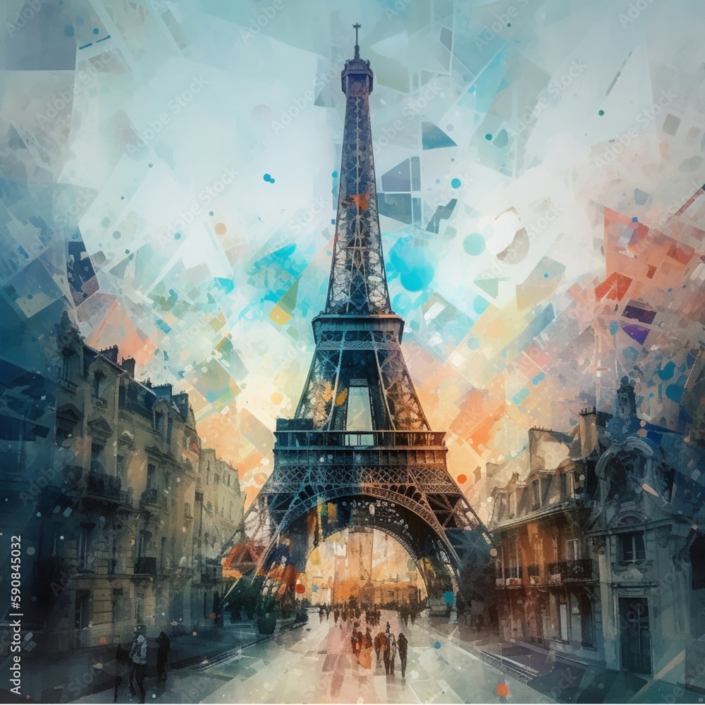 Eiffel Tower inside the town with heavily glitched watercolors