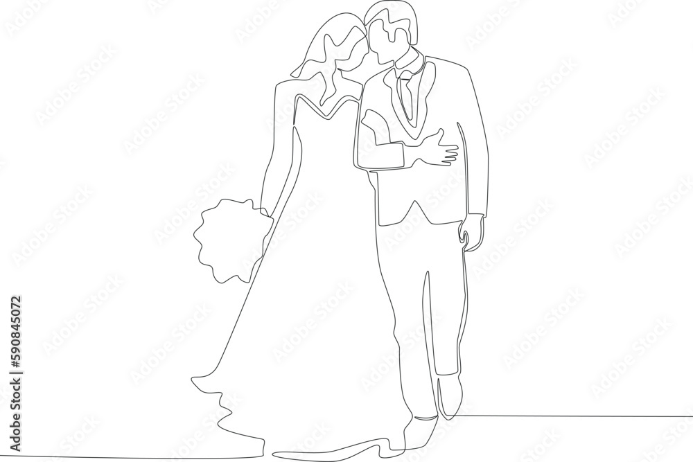 A romantic couple walking while carrying a bouquet. Wedding one-line drawing A romantic couple walking while carrying a bouquet. Wedding one-line drawing