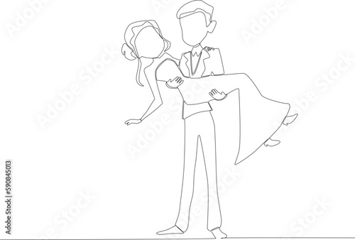 A romantic couple got married. Wedding one-line drawing