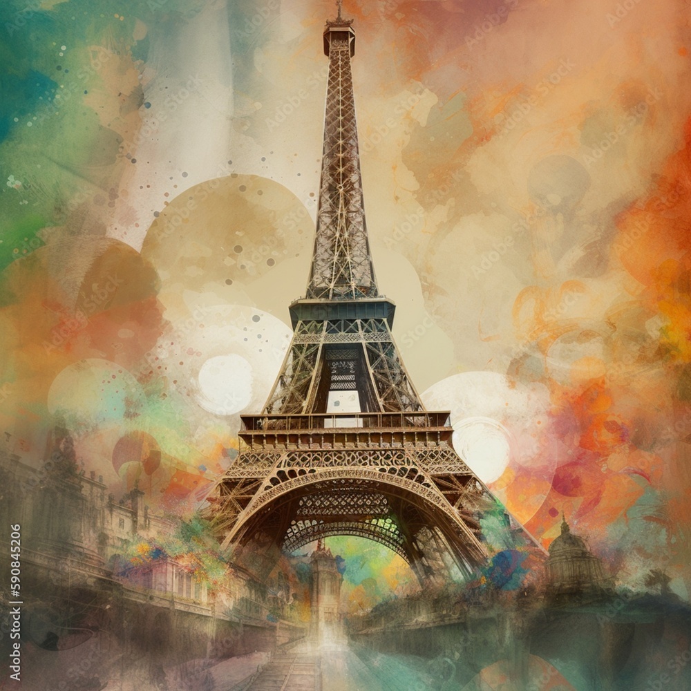 Eiffel Tower inside the moon with heavily glitched bubble watercolors