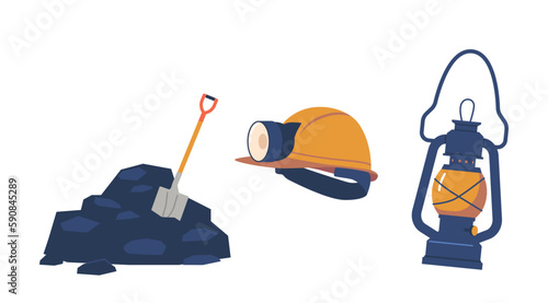 Equipment For Coal Miners, Including Helmet, Oil Wick Lamp, And Shovel in Pile of Coal. Isolated Vector Illustration