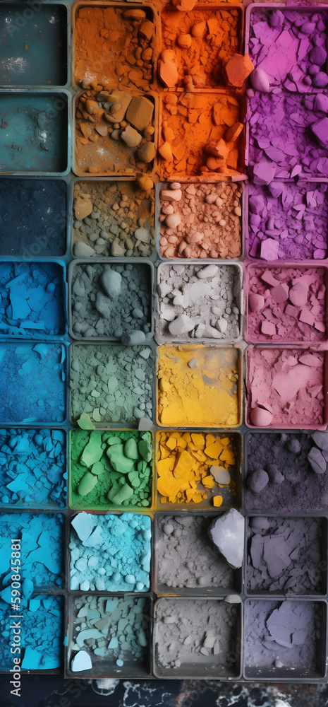 A colorful palette of pigment powders, with rainbow, in the style of enchanting watercolors, light cyan and magenta, raw gorgeous colors, urban decay A colorful palette of pigment powders, with rainbow, in the style of enchanting watercolors, light cyan and magenta, raw gorgeous colors, urban decay