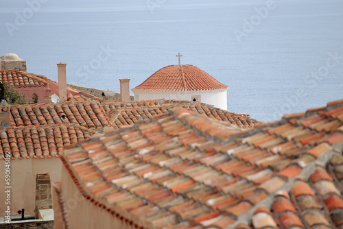 Obraz na płótnie Monemvasia (Peloponnese, Greece) - Roof of Church Panagia Chrisafítissa built by the Venetians in the 17th century and typical Mediterranean roofs of tenement houses. w salonie