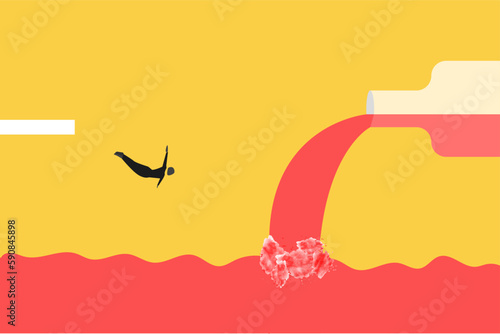 Business woman jumping down. concept of surrealism, party, weekend, holiday, retro, vintage, art, ad concept, alcohol addiction