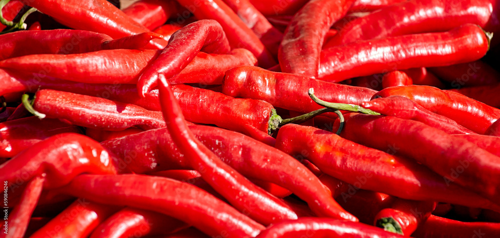 Red chili peppers with vegetables in the market.