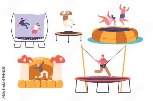 Little Kids Jumping and Hopping On Trampoline at Sunny Summer Day. Friends Celebrate Party, Having Fun On Weekend