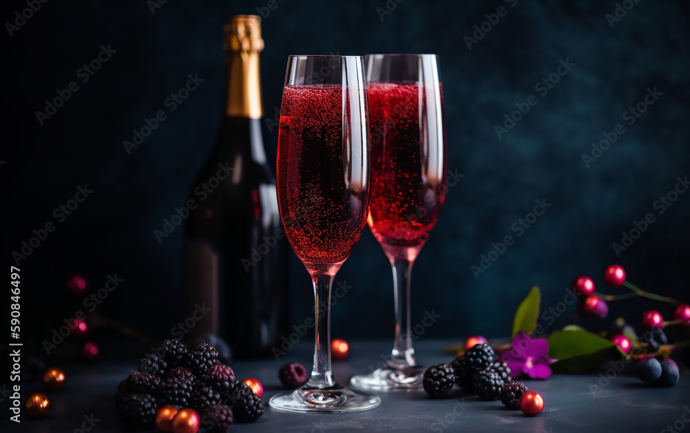 Two glasses of sparkling Kir Royale amidst a dark backdrop with blackberries, conveying an intimate and luxurious evening setting. Two glasses of sparkling Kir Royale amidst a dark backdrop with blackberries, conveying an intimate and luxurious evening setting.