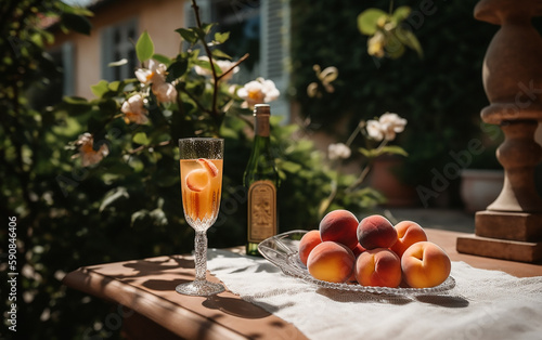 A Bellini cocktail in a sunlit garden, with fresh peaches on the table, offers a picturesque summer refreshment.