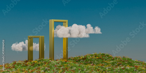a green hill with two yellow frames and a cloud in the sky above it, and a green hill with flowers and grass, 3D render, surrealism