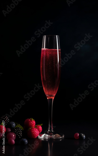 A tall glass of Kir Royale stands with elegance, surrounded by a bounty of berries, against a dark, moody backdrop. photo